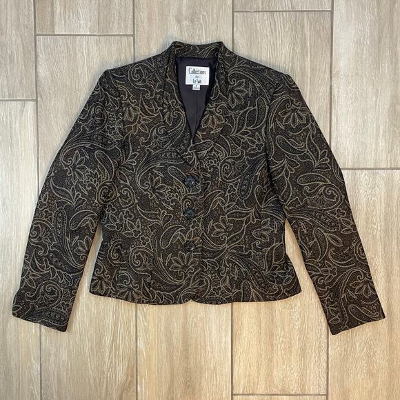 Vintage Y2K Le Suit Collections Blazer Jacket 8 Brown Black Paisley Metallic - Picture 1 of 8